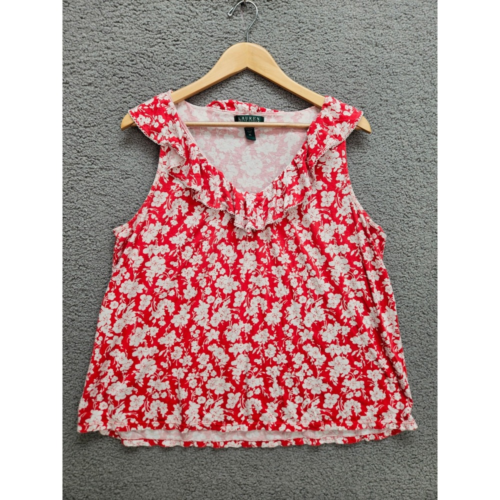 Lauren Ralph Lauren Tank XL Red Floral Ruffle Coquette Cottagecore Soft Girl